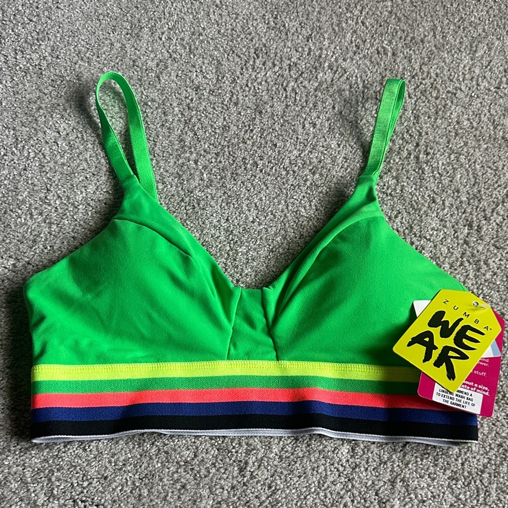 Zumba Fitness Green Sports Bra with Multicolor Stripes
